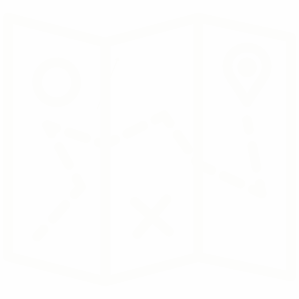 Eine stilisierte Karte mit einer Route, die durch Punkte verbunden ist und Symbole wie einen Kreis, ein X und einen Standortmarker enthält.