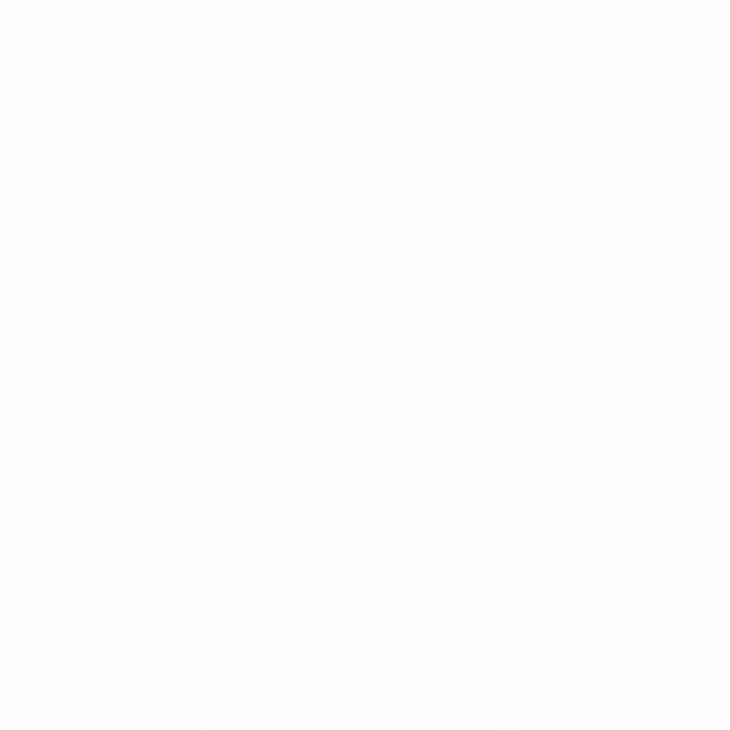"Symbol eines weißen Grills mit geöffnetem Deckel, aus dem Rauch aufsteigt, auf schwarzem Hintergrund."