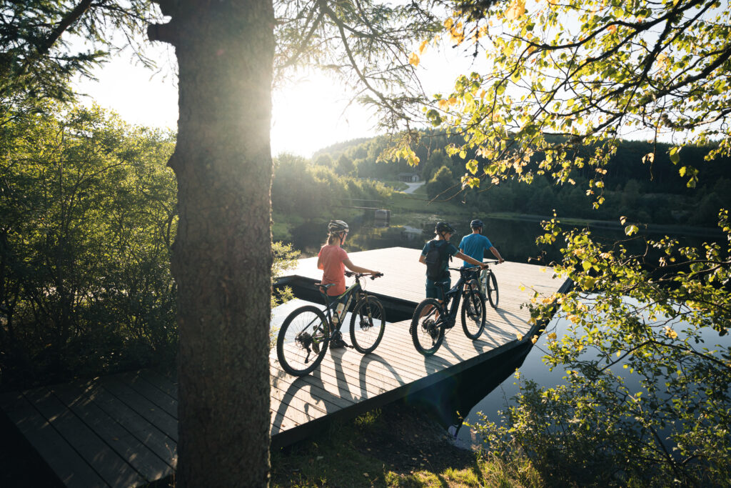 Drei Radfahrer mit Mountainbikes stehen auf einem Holzsteg an einem See, umgeben von grüner Landschaft und Bäumen im Sonnenlicht.