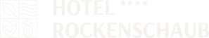 Logo eines Vier-Sterne-Hotels mit der Aufschrift "Hotel Rockenschaub", dargestellt in einem stilisierten, schwarz-weißen Schriftzug.