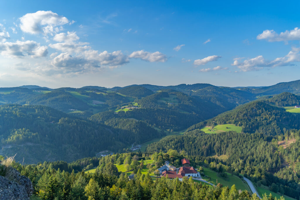 Panoramablick auf grüne Hügel und Täler mit Wäldern und einem vereinzelten Gehöft unter einem weiten blauen Himmel.