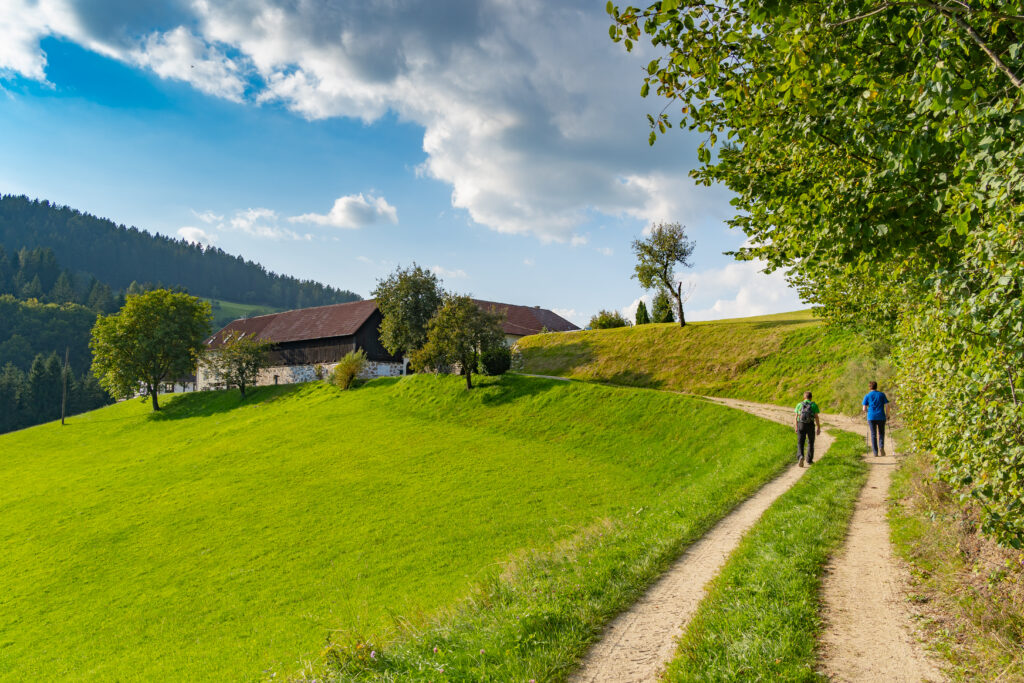 Zwei Personen wandern auf einem Feldweg neben einer grünen Wiese, mit einem großen Bauernhaus im Hintergrund, umgeben von bewaldeten Hügeln unter einem blauen Himmel mit leichten Wolken.