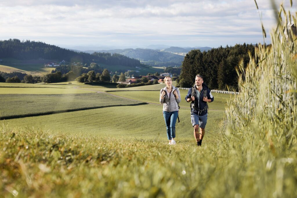 Zwei Personen joggen auf einem Feldweg in einer hügeligen Landschaft.