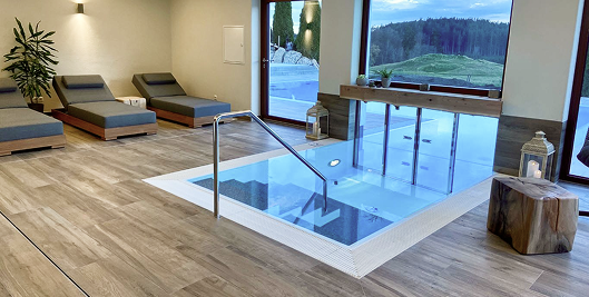 Ein modernes Spa mit einem Einbau-Whirlpool im Boden, umgeben von Holzboden und mehreren entspannenden Liegen, mit einem Blick auf eine naturbelassene Landschaft durch große Fenster.