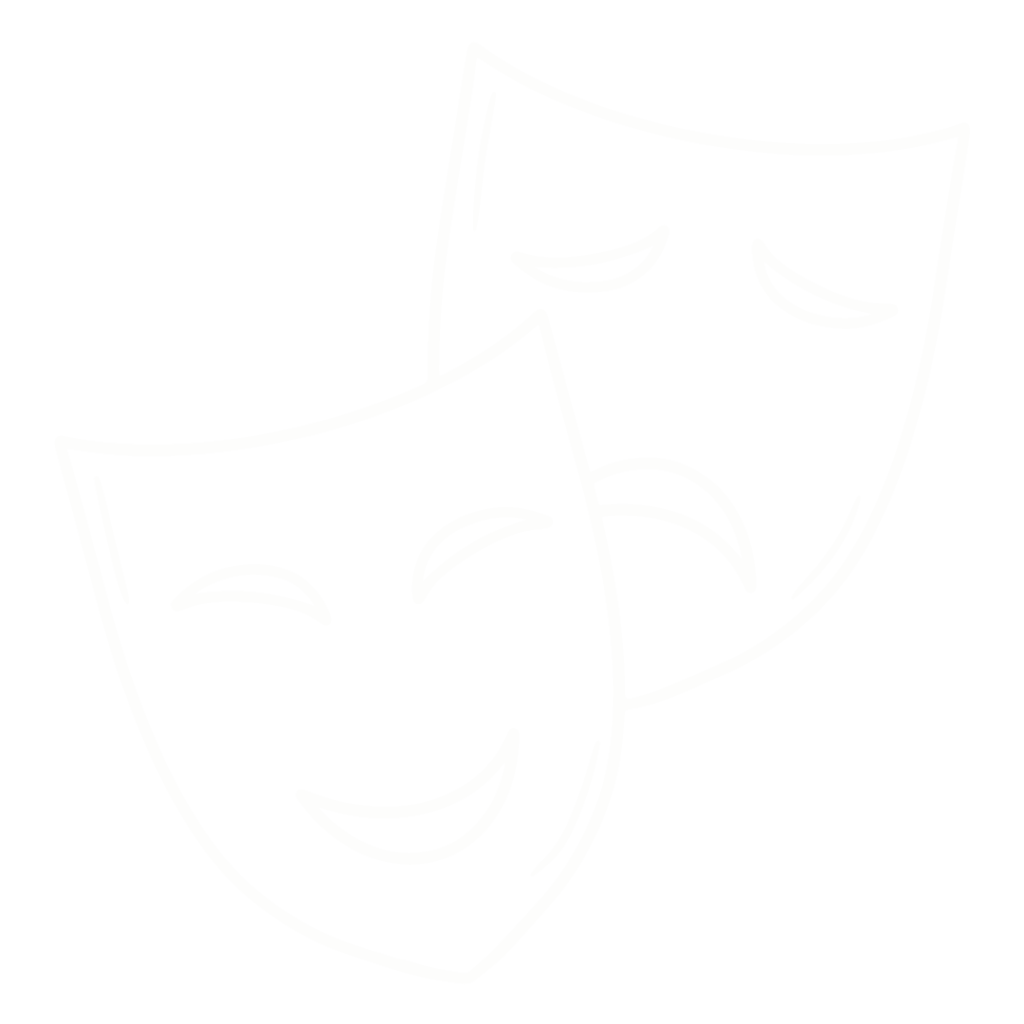 Zwei Theatersymbole für Tragödie und Komödie, eine Maske mit traurigem Gesicht und eine mit fröhlichem Gesicht, beide in Schwarz auf weißem Hintergrund.