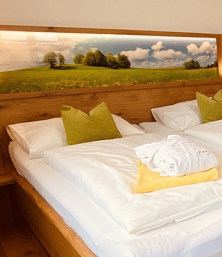 Einladendes Hotelzimmer mit einem gemütlichen Doppelbett, ausgestattet mit weißen Laken und grünen Kissen. Über dem Bett ist ein großes Wandbild einer idyllischen Landschaft mit Wiesen und blauem Himmel angebracht.