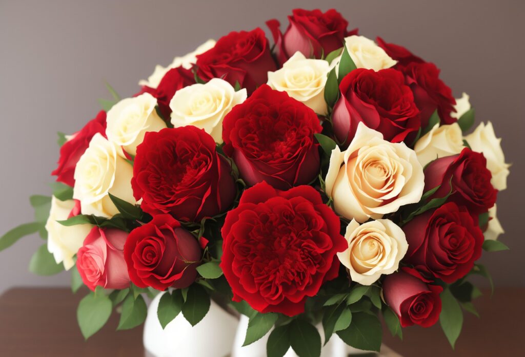 Ein üppiges Bouquet aus roten und cremefarbenen Rosen in einer Nahaufnahme.
