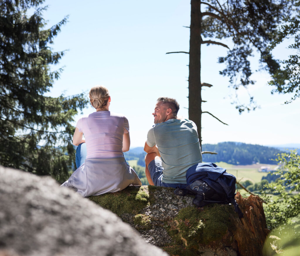 Zwei Personen sitzen auf einem Felsen im Wald und blicken auf eine Landschaft mit Bäumen und einem klaren Himmel.